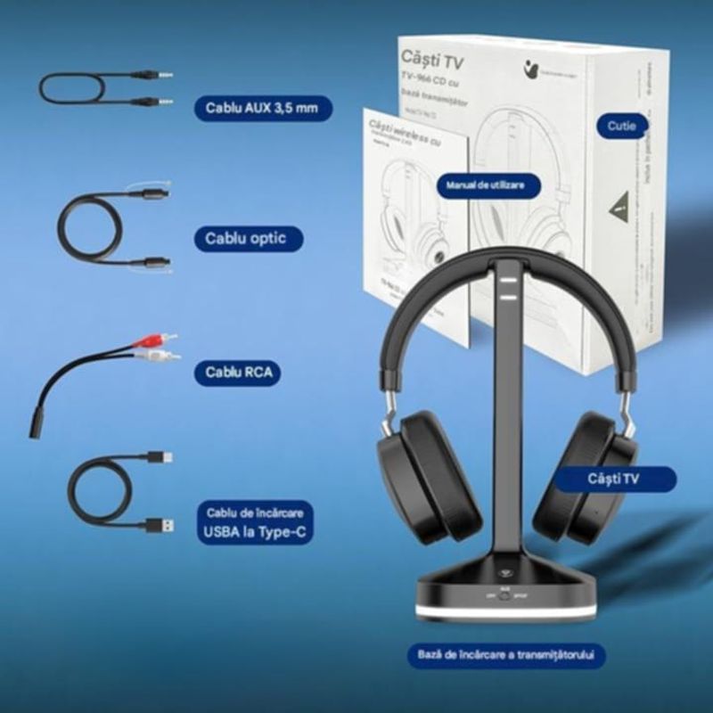 TV, Audio-Video si Foto - Portabile audio - Casti audio - Casti Wireless CerCip TV-966, Pentru TV, Baterie 40 ore, Anulare zgomot, Aux/RCA/Cablu optic, Cu statie de incarcare - Infinity.ro