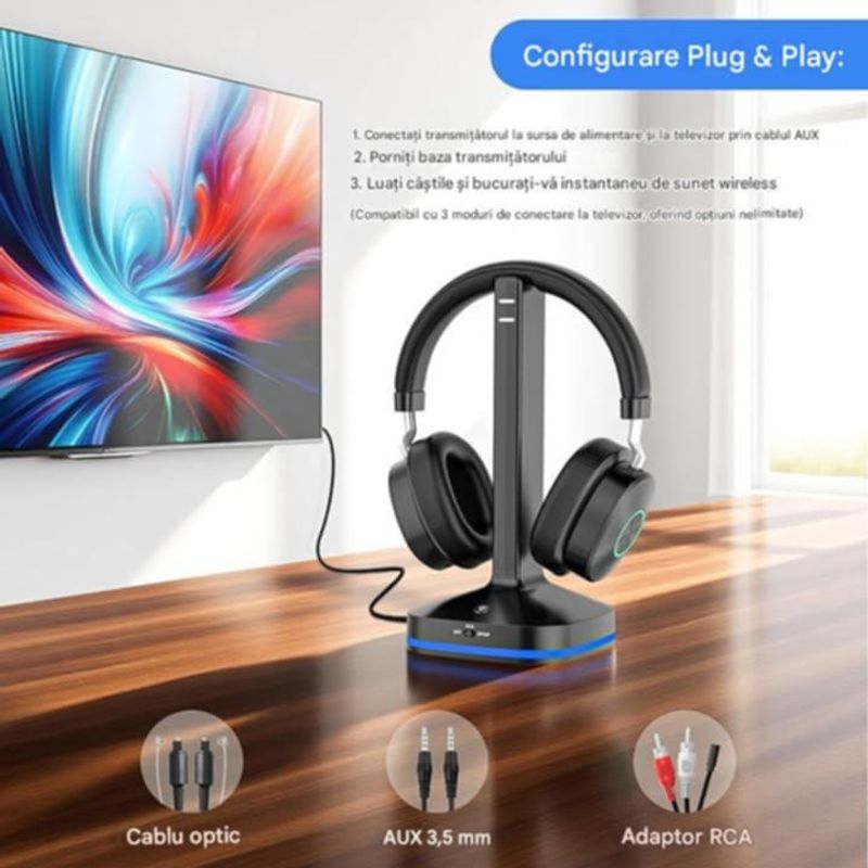 TV, Audio-Video si Foto - Portabile audio - Casti audio - Casti Wireless CerCip TV-966, Pentru TV, Baterie 40 ore, Anulare zgomot, Aux/RCA/Cablu optic, Cu statie de incarcare - Infinity.ro