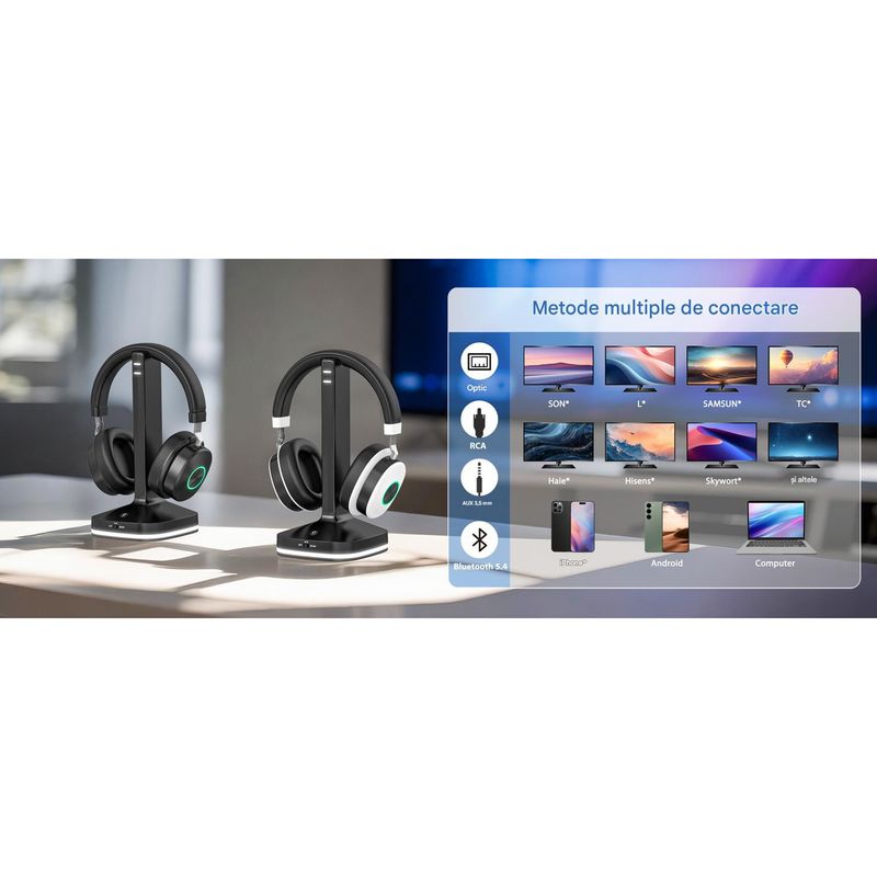 TV, Audio-Video si Foto - Portabile audio - Casti audio - Casti Wireless CerCip TV-966, Pentru TV, Baterie 40 ore, Anulare zgomot, Aux/RCA/Cablu optic, Cu statie de incarcare - Infinity.ro