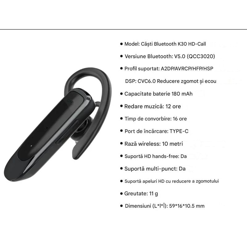 TV, Audio-Video si Foto - Portabile audio - Casti audio - Casca Bluetooth CerCip K30, Autonomie baterie 16 ore, Anulare zgomot, Oprire microfon, Multipoint - Infinity.ro