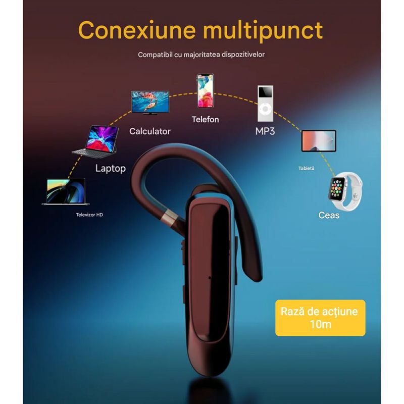 TV, Audio-Video si Foto - Portabile audio - Casti audio - Casca Bluetooth CerCip K30, Autonomie baterie 16 ore, Anulare zgomot, Oprire microfon, Multipoint - Infinity.ro