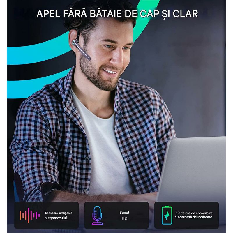 TV, Audio-Video si Foto - Portabile audio - Casti audio - Casca Bluetooth CerCip G3, Autonomie baterie 15 ore, Cu carcasa de incarcare, Eliminare Zgomot, Universala, Negru - Infinity.ro