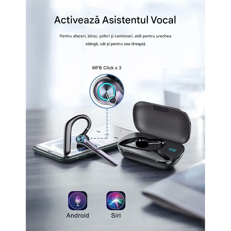 TV, Audio-Video si Foto - Portabile audio - Casti audio - Casca Bluetooth CerCip G3, Autonomie baterie 15 ore, Cu carcasa de incarcare, Eliminare Zgomot, Universala, Negru - Infinity.ro