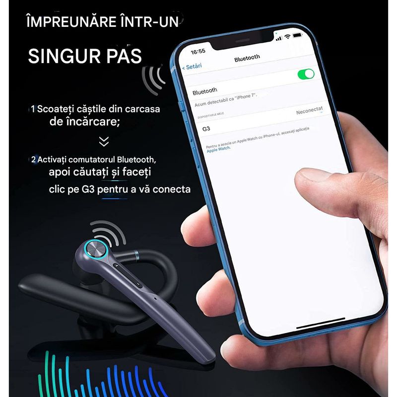 TV, Audio-Video si Foto - Portabile audio - Casti audio - Casca Bluetooth CerCip G3, Autonomie baterie 15 ore, Cu carcasa de incarcare, Eliminare Zgomot, Universala, Negru - Infinity.ro
