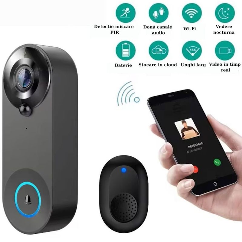 Casa si Gradina - Electrice - Smart Home - Control acces si accesorii - Sonerie Wireless, HD 1080P, Wi-fi, Unghi larg de 166 grade, Aplicatie, Senzor detectie miscare - Infinity.ro