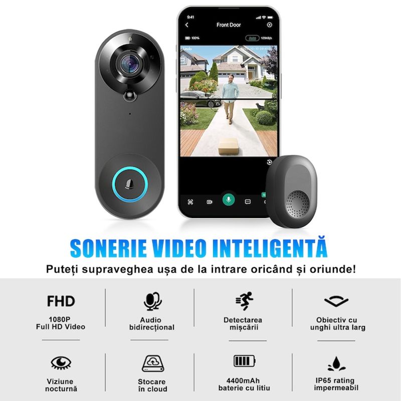 Casa si Gradina - Electrice - Smart Home - Control acces si accesorii - Sonerie Wireless, HD 1080P, Wi-fi, Unghi larg de 166 grade, Aplicatie, Senzor detectie miscare - Infinity.ro
