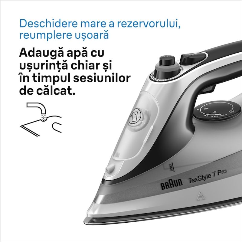 Electronice si Electrocasnice - Ingrijirea tesaturilor - Fiare de calcat - Fier de calcat Braun TexStyle 7 Pro SI7149WB, 2900W, jet de abur 220g/min, sistem antipicurare, gri - Infinity.ro