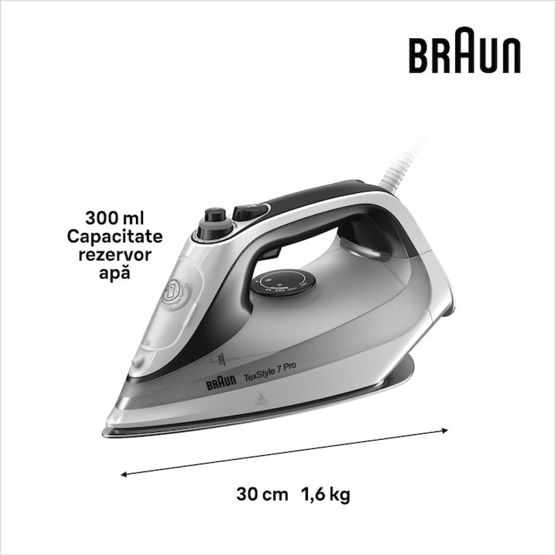 Electronice si Electrocasnice - Ingrijirea tesaturilor - Fiare de calcat - Fier de calcat Braun TexStyle 7 Pro SI7149WB, 2900W, jet de abur 220g/min, sistem antipicurare, gri - Infinity.ro