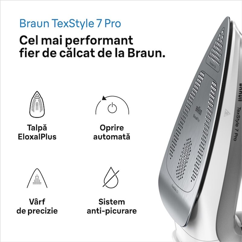 Electronice si Electrocasnice - Ingrijirea tesaturilor - Fiare de calcat - Fier de calcat Braun TexStyle 7 Pro SI7149WB, 2900W, jet de abur 220g/min, sistem antipicurare, gri - Infinity.ro