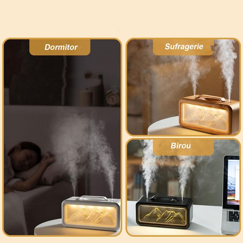 Electronice si Electrocasnice - Climatizare si sisteme de incalzire - Aparate filtrare aer - Umidificatoare - Umidificator de aer si difuzor de aroma, design Snow Mountain, 600ml, dubla pulverizare, iluminare LED, silentios - Infinity.ro
