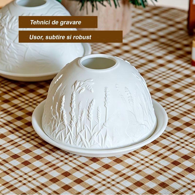 Casa si Gradina - Decoratiuni - Aromaterapie si lumanari - Suporturi lumanari - Suport lumanare din portelan, proiectie luminoasa 3D cu fluturi, decor elegant - Infinity.ro