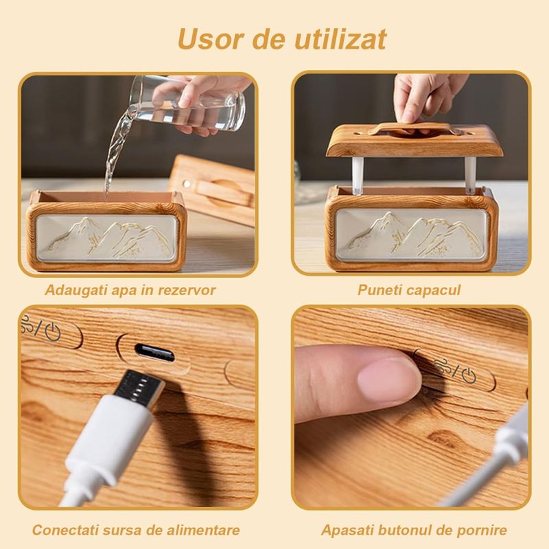 Electronice si Electrocasnice - Climatizare si sisteme de incalzire - Aparate filtrare aer - Umidificatoare - Umidificator de aer si difuzor de aroma, design Snow Mountain, 600ml, dubla pulverizare, iluminare, design lemn natur - Infinity.ro