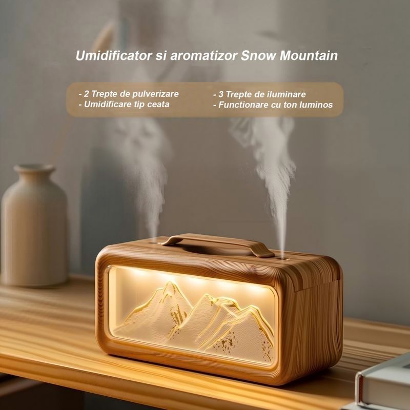 Electronice si Electrocasnice - Climatizare si sisteme de incalzire - Aparate filtrare aer - Umidificatoare - Umidificator de aer si difuzor de aroma, design Snow Mountain, 600ml, dubla pulverizare, iluminare, design lemn natur - Infinity.ro