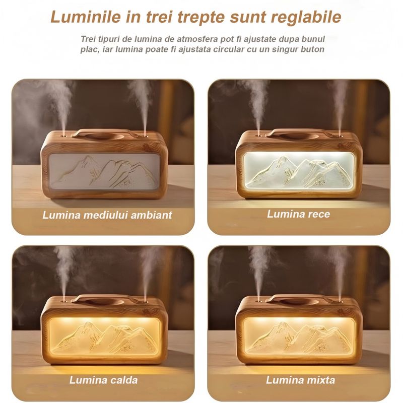 Electronice si Electrocasnice - Climatizare si sisteme de incalzire - Aparate filtrare aer - Umidificatoare - Umidificator de aer si difuzor de aroma, design Snow Mountain, 600ml, dubla pulverizare, iluminare, design lemn natur - Infinity.ro