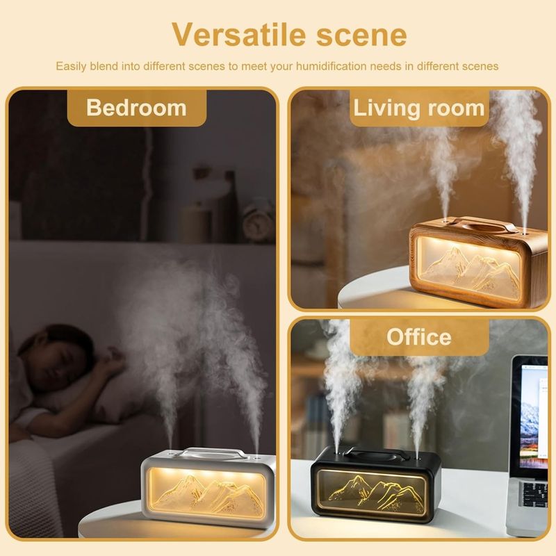 Electronice si Electrocasnice - Climatizare si sisteme de incalzire - Aparate filtrare aer - Umidificatoare - Umidificator de aer si difuzor de aroma, design Snow Mountain, 600ml, dubla pulverizare, iluminare, design lemn natur - Infinity.ro