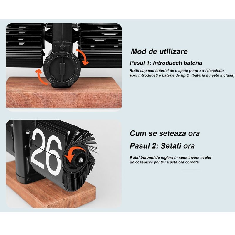 Casa si Gradina - Decoratiuni - Ceasuri - Ceas de birou retro flip mecanic, design vintage, baza din lemn de nuc, silentios, afisaj mare - Infinity.ro