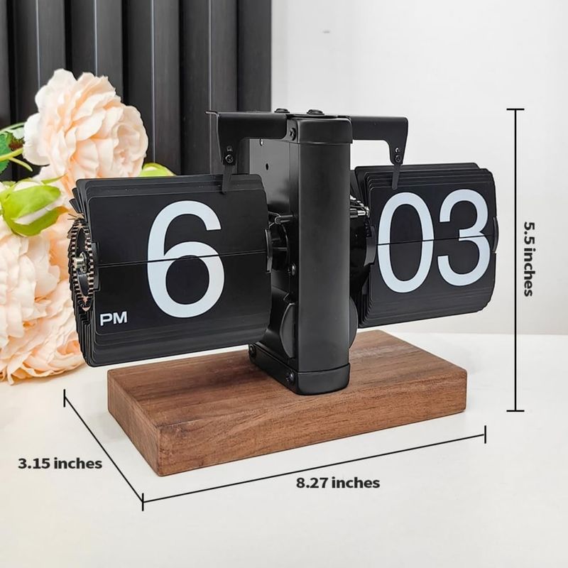 Casa si Gradina - Decoratiuni - Ceasuri - Ceas de birou retro flip mecanic, design vintage, baza din lemn de nuc, silentios, afisaj mare - Infinity.ro