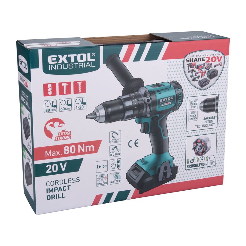 Casa si Gradina - Constructii - Scule electrice si accesorii - Masini de gaurit si insurubat - Masina de gaurit cu impact fara perii, EXTOL, 8791802, 20V, 2000mAh - Infinity.ro
