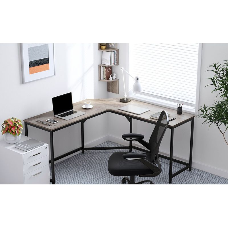 Casa si Gradina - Mobilier - Mese si birouri - Birouri - Birou de colt in forma L, cadru metalic, stil industrial, 149x149x76 cm, gri stejar - Infinity.ro