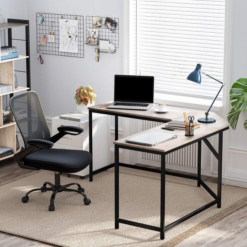 Casa si Gradina - Mobilier - Mese si birouri - Birouri - Birou de colt in forma L, cadru metalic, stil industrial, 149x149x76 cm, gri stejar - Infinity.ro