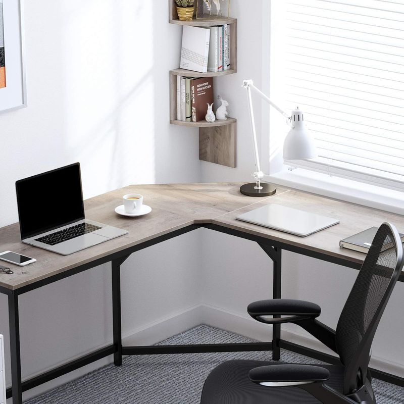 Casa si Gradina - Mobilier - Mese si birouri - Birouri - Birou de colt in forma L, cadru metalic, stil industrial, 149x149x76 cm, gri stejar - Infinity.ro