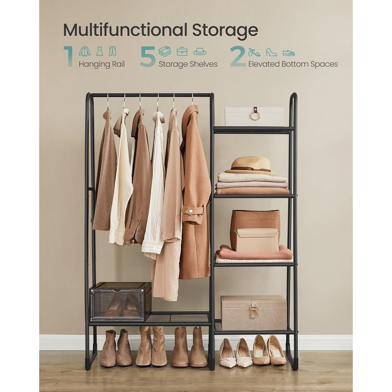 Casa si Gradina - Mobilier - Organizare si depozitare - Cuiere - Cuier cu 5 rafturi si bara pentru haine, structura metalica, stil industrial, 40x102x153 cm, negru - Infinity.ro