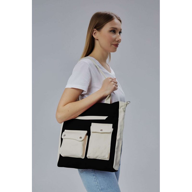 Fashion, accesorii si bijuterii - Femei - Accesorii femei - Genti si rucsacuri femei - Tote bag Lucky Bees, 32 x 35 x 8 cm, negru, 421BRG2245 - Infinity.ro