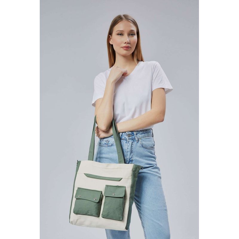 Fashion, accesorii si bijuterii - Femei - Accesorii femei - Genti si rucsacuri femei - Tote bag Lucky Bees, 32 x 35 x 8 cm, verde, 421BRG2243 - Infinity.ro