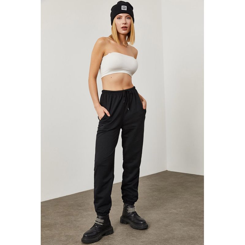 Fashion, accesorii si bijuterii - Femei - Imbracaminte femei - Pantaloni femei - Pantaloni trening femei Jumeon, 100% bumbac, negru, 215XHN1163 - S - Infinity.ro