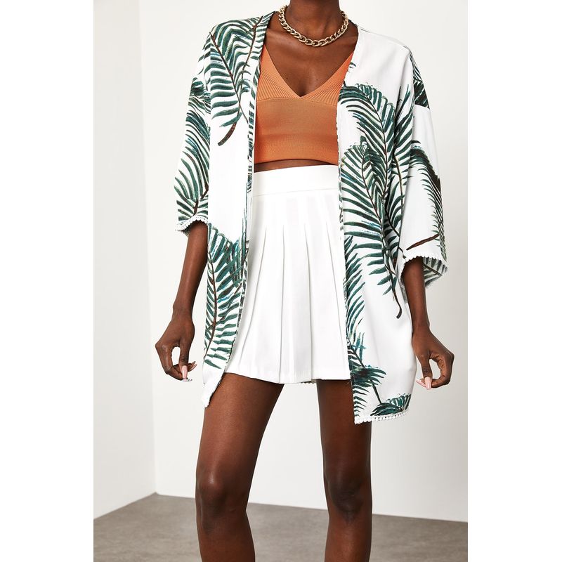 Fashion, accesorii si bijuterii - Femei - Imbracaminte femei - Camasi si bluze femei - Kimono Jumeon, 100% vâscoză, alb și verde, 215XHN1283 - L - Infinity.ro