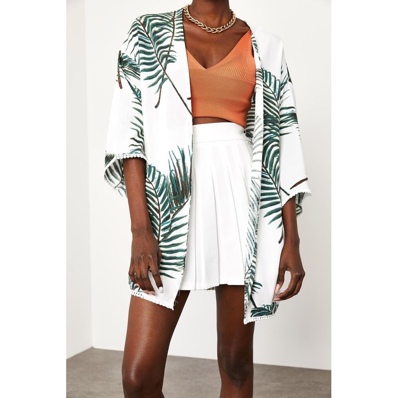 Fashion, accesorii si bijuterii - Femei - Imbracaminte femei - Camasi si bluze femei - Kimono Jumeon, 100% vâscoză, alb și verde, 215XHN1283 - L - Infinity.ro