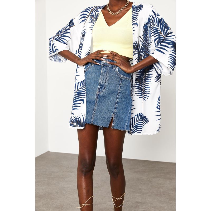 Fashion, accesorii si bijuterii - Femei - Imbracaminte femei - Camasi si bluze femei - Kimono Jumeon, 100% vâscoză, alb și albastru, 215XHN1282 - L - Infinity.ro