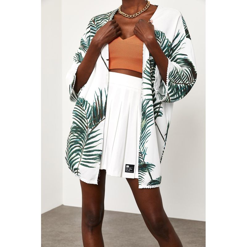Fashion, accesorii si bijuterii - Femei - Imbracaminte femei - Camasi si bluze femei - Kimono Jumeon, 100% vâscoză, alb și verde, 215XHN1283 - M - Infinity.ro