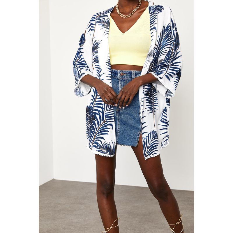 Fashion, accesorii si bijuterii - Femei - Imbracaminte femei - Camasi si bluze femei - Kimono Jumeon, 100% vâscoză, alb și albastru, 215XHN1282 - S - Infinity.ro
