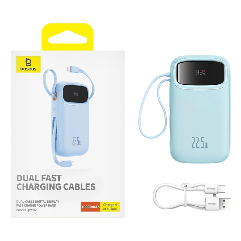 Laptop, Telefoane si Tablete - Telefoane mobile si accesorii - Accesorii Telefoane - Baterii externe - Acumulator extern Baseus Qpow2 Dual-Cablu Digital Display Fast Charge 10000mAh 22.5W Albastru + Cablu USB-C 0.3m - Infinity.ro