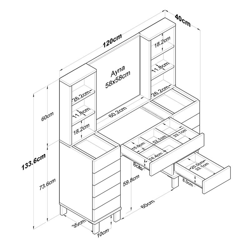 Casa si Gradina - Mobilier - Comode si corpuri - Masute de toaleta - Masă machiaj Hanah Home, PAL melaminat, 120 x 40 x 133.8 cm, alb, 893RAN4987 - Infinity.ro