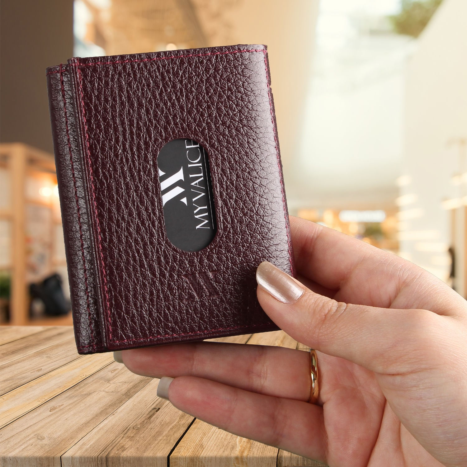Portofel Lucky Bees, 100% piele naturală, 7.5 x 9.5 x 2.5 cm, vișiniu roșu, 853MYV4698