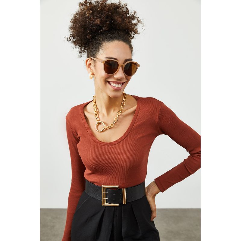 Fashion, accesorii si bijuterii - Femei - Imbracaminte femei - Camasi si bluze femei - Bluză femei Jumeon, 63% bumbac și 35% poliester, roșu cărămiziu, 215XHN1440 - Infinity.ro