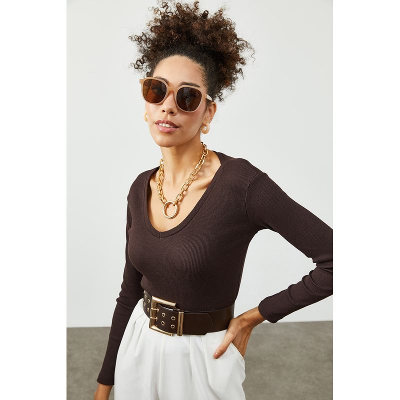 Fashion, accesorii si bijuterii - Femei - Imbracaminte femei - Camasi si bluze femei - Bluză femei Jumeon, 63% bumbac și 35% poliester, maro, 215XHN1439 - Infinity.ro