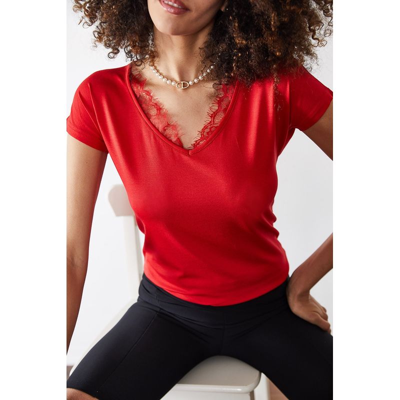 Fashion, accesorii si bijuterii - Femei - Imbracaminte femei - Tricouri si topuri femei - Tricou femei Jumeon, 95% vâscoză și 5% elastan, roșu, 215XHN1136 - S - Infinity.ro