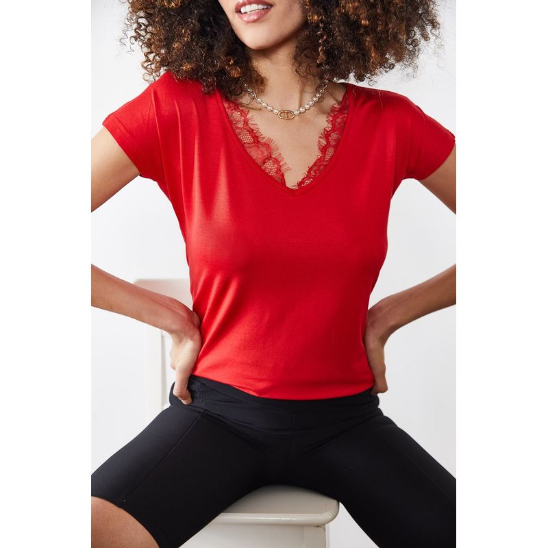 Fashion, accesorii si bijuterii - Femei - Imbracaminte femei - Tricouri si topuri femei - Tricou femei Jumeon, 95% vâscoză și 5% elastan, roșu, 215XHN1136 - S - Infinity.ro