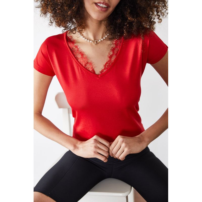 Fashion, accesorii si bijuterii - Femei - Imbracaminte femei - Tricouri si topuri femei - Tricou femei Jumeon, 95% vâscoză și 5% elastan, roșu, 215XHN1136 - S - Infinity.ro