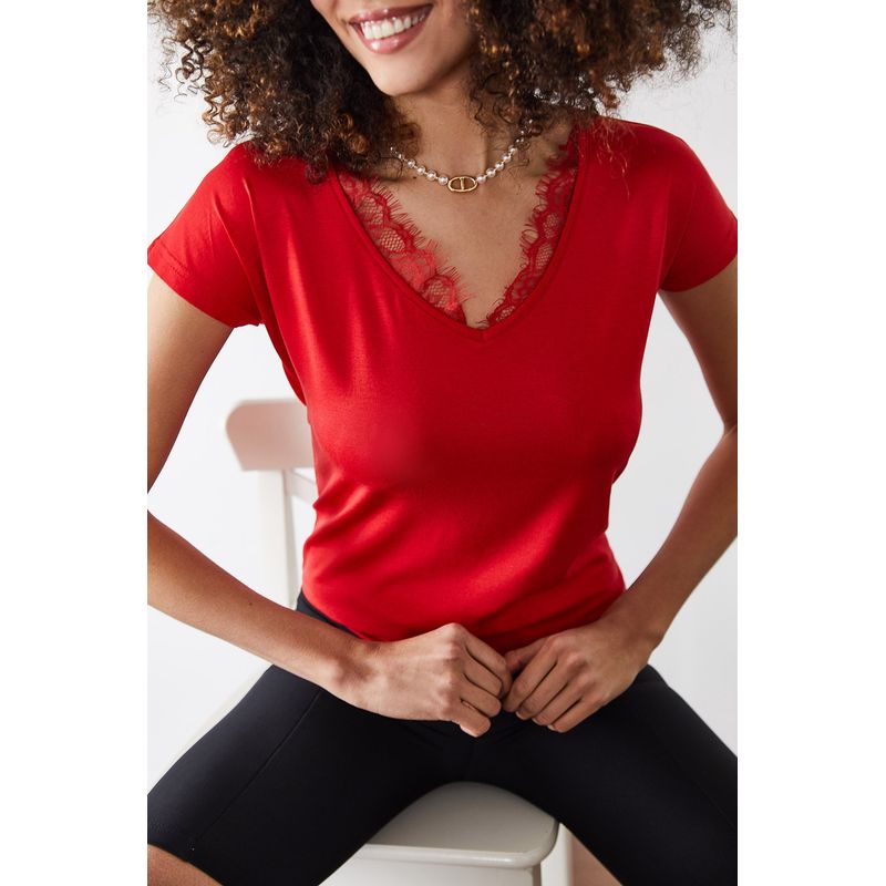 Fashion, accesorii si bijuterii - Femei - Imbracaminte femei - Tricouri si topuri femei - Tricou femei Jumeon, 95% vâscoză și 5% elastan, roșu, 215XHN1136 - S - Infinity.ro