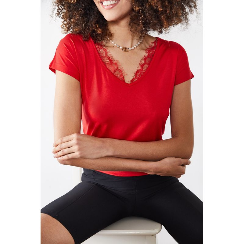 Fashion, accesorii si bijuterii - Femei - Imbracaminte femei - Tricouri si topuri femei - Tricou femei Jumeon, 95% vâscoză și 5% elastan, roșu, 215XHN1136 - S - Infinity.ro