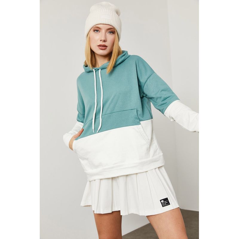Fashion, accesorii si bijuterii - Femei - Imbracaminte femei - Hanorace femei - Hanorac femei Jumeon, 70% bumbac și 30% poliester, mentă și alb, 215XHN1170 - S - Infinity.ro