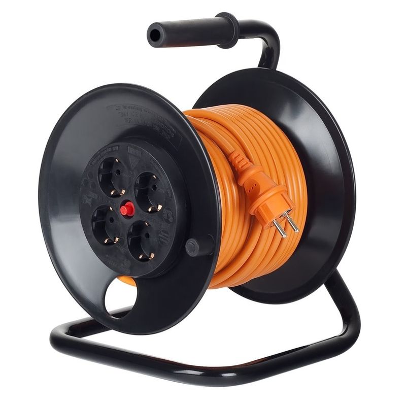 Casa si Gradina - Electrice - Accesorii electrice - Prelungitoare, triple, fise - Prelungitor cu tambur Bachmann, 4 prize Schuko, protectie copii, termosiguranta, cadru metalic, IP20, cordon H05VV-F 3G - Infinity.ro