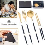 Casa si Gradina - Bucatarie si vesela - Vesela si tacamuri - Tacamuri si seturi - Set tacamuri portugheze pliabile 5 in 1, lingura, cutit, furculita, betisoare, ideal in excursie, Auriu/Negru - Infinity.ro