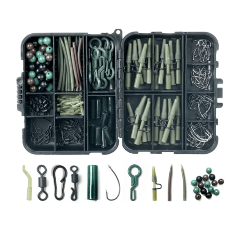 Sport si Outdoor - Sporturi acvatice - Pescuit - Plumbi si momitoare - Set accesorii pescuit monturi crap FishingBox 180 piese, carlige, clipsuri, antitangle, plumbi, cutie - Infinity.ro