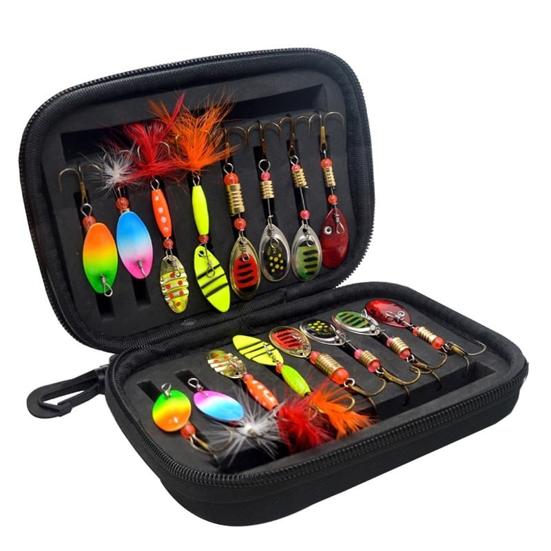 Sport si Outdoor - Sporturi acvatice - Pescuit - Nade si momeli - Set 16 spinnere lingurite rotative FISHINGBOX, clean biban pastrav, pene, carlige triple, 3g-5.2g - Infinity.ro