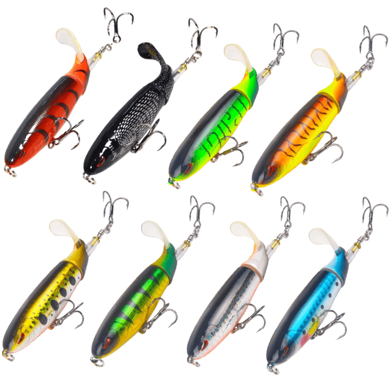 Sport si Outdoor - Sporturi acvatice - Pescuit - Nade si momeli - Set 8 voblere whopper plopper FISHINGBOX, coada rotativa, stiuca clean salau, floating, 10cm 13g - Infinity.ro
